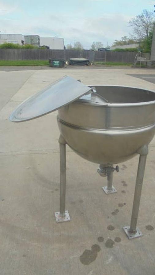 Used 80 Gallon Trinity/Hamilton SS Hemispherical Kettle , 3 inch discharge