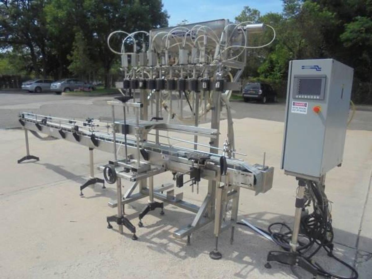 Used Fluid Packaging Solutions 10 Spout SS Gravity Liquid Filler, “Bottom Up” Fill