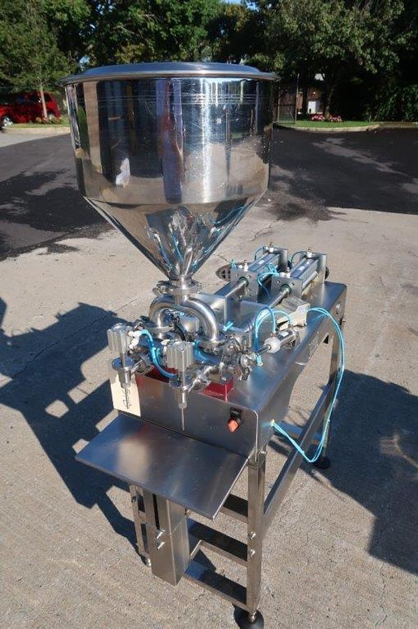 Used Quantitative Dual Head Air Operated Stainless Piston Filler, with Foot Switch