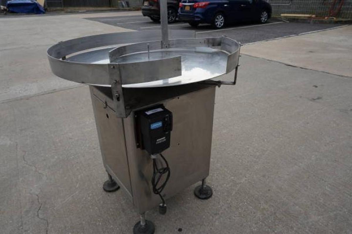 Used 35 Inch Diameter JG Machine Works Stainless Rotary Unscrambling/Accumulating Table, Variable Speed