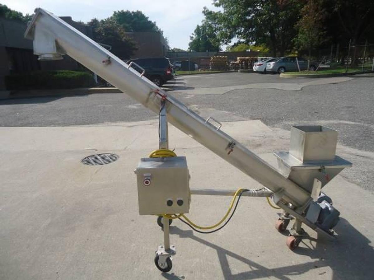 Used 6 inch x 84 inch stainless steel inclined screw conveyor/feeder, sanitary motor, portable