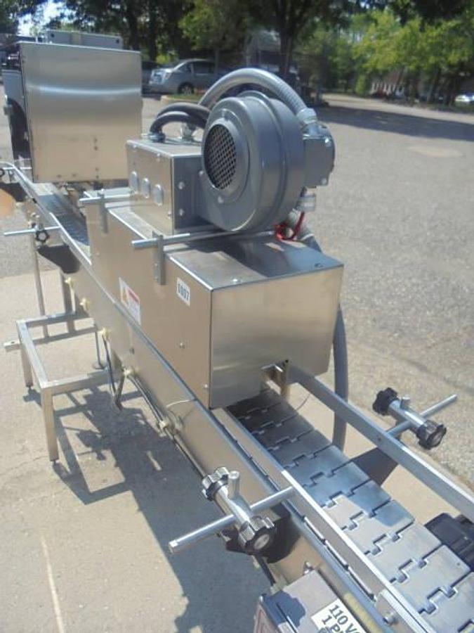 Used Marburg Conveyorized Neck Bander With Shrink Tunnel, Variable Speed