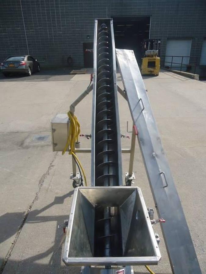 Used 6 inch x 84 inch stainless steel inclined screw conveyor/feeder, sanitary motor, portable