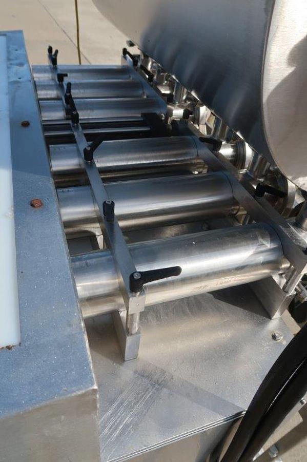 Used REB 6 Head Automatic Inline Piston Filling Machine, Agitated Hopper