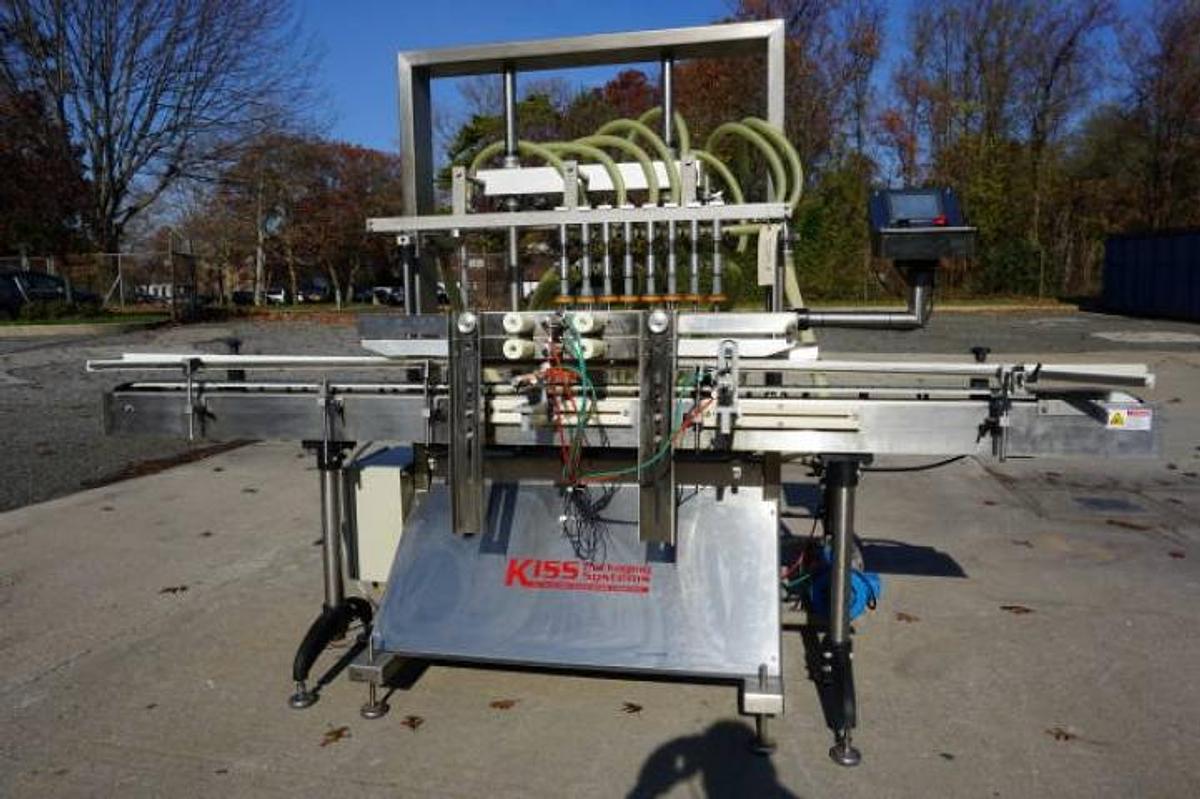 Used Accutek 8 Head Automatic Pressure Overflow Liquid Filling Machine, with Conveyor