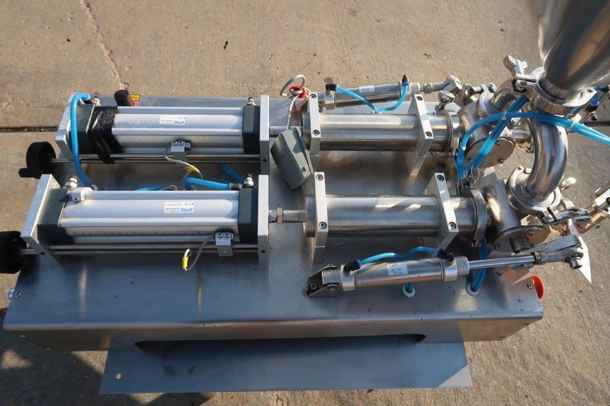 Used Tabletop Air Operated Dual Head Piston Filler,  Stainless Steel