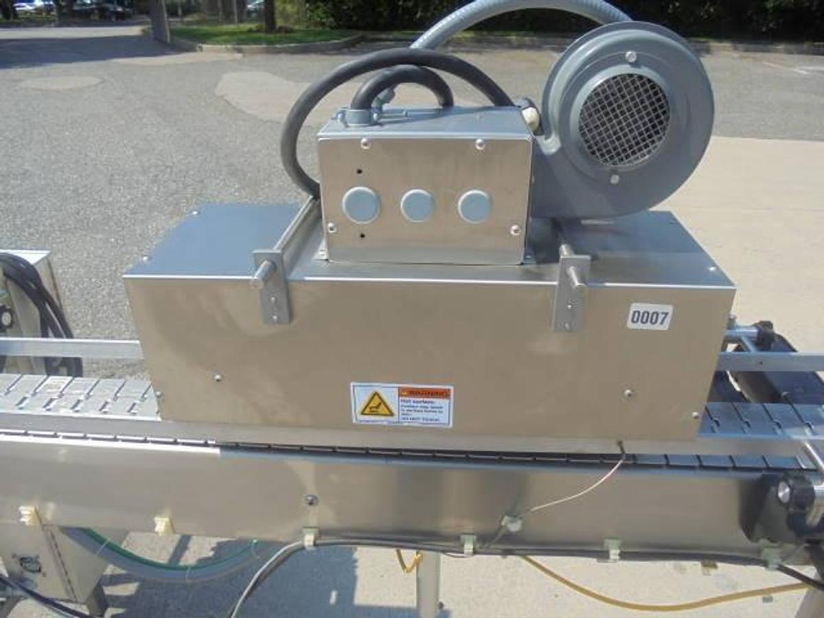 Used Marburg Conveyorized Neck Bander With Shrink Tunnel, Variable Speed