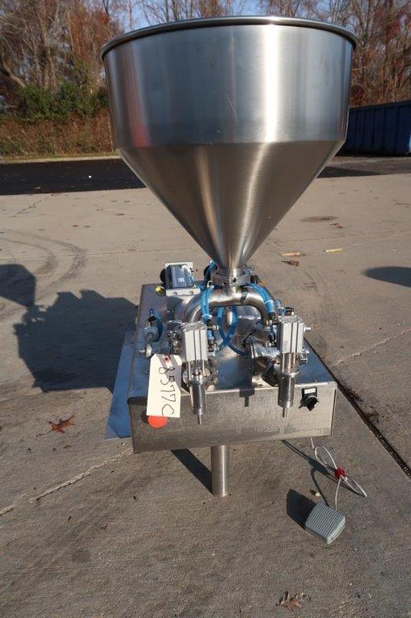 Used Tabletop Air Operated Dual Head Piston Filler,  Stainless Steel