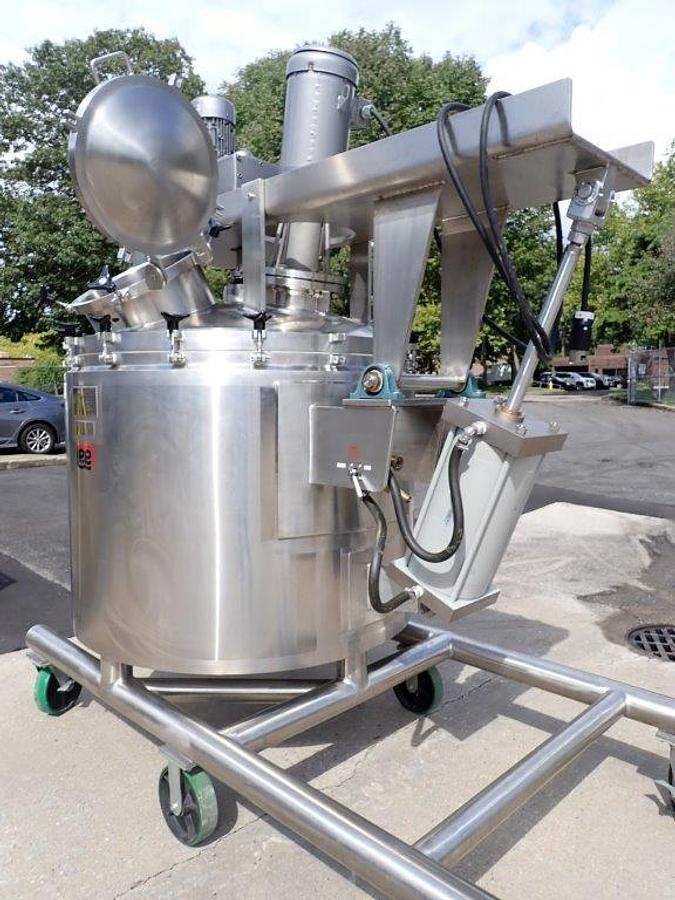 Used 250 Gallon Lee 316 SS Sanitary Agitated Vacuum Vessel, 90 PSI Jacket, Scraper and High Shear Tilt Out Agitation