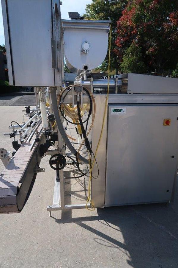 Used REB 6 Head Automatic Inline Piston Filling Machine, Agitated Hopper