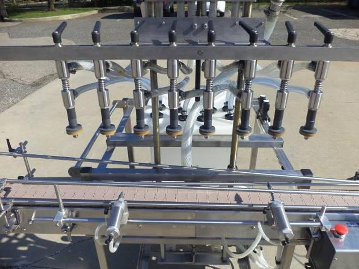 Used Packaging Dynamics Eight Spout Stainless Steel Portable Straight Line Liquid Filler, Explosion Proof