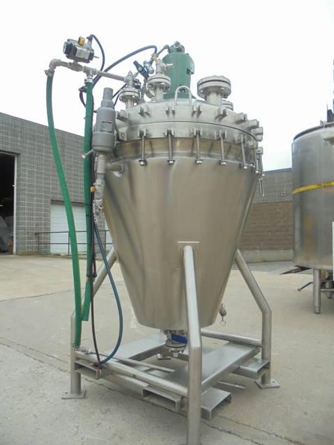 Used B&G 50 Gallon 316L Stainless Jacketed Vacuum Cone Bottom Mix Tank, Air Driven Mixer