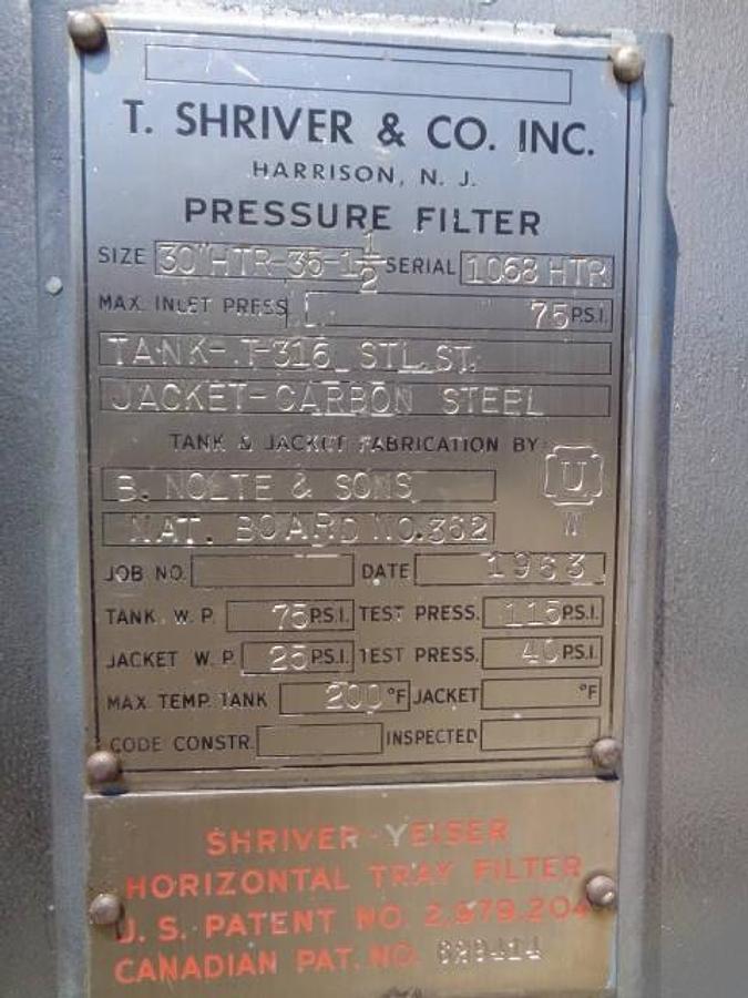 Used Shriver 30 In. Diameter Horizontal Tray Pressure Filter, 316 Stainless Internally