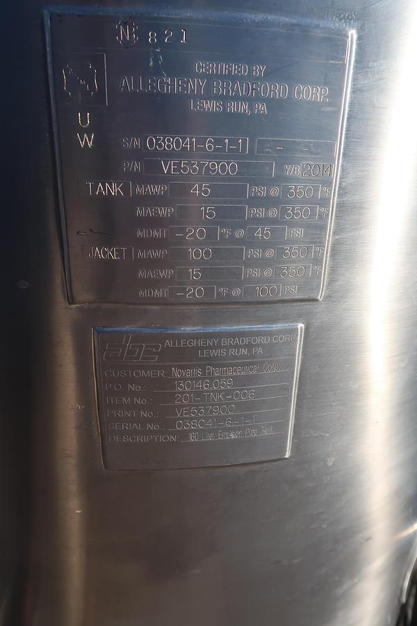 Used Allegheny Bradford 160 Liter 316 SS Sanitary Jacketed Mix Tank