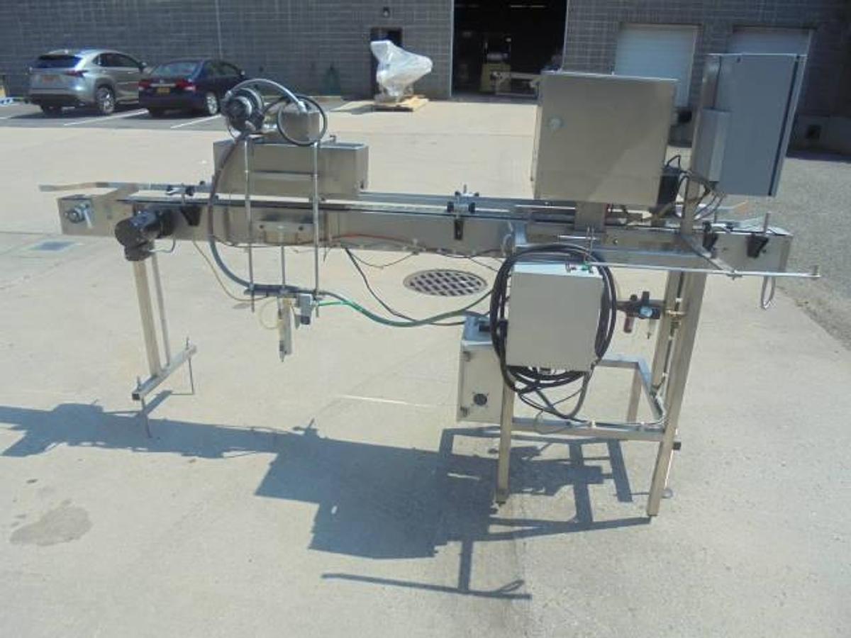Used Marburg Conveyorized Neck Bander With Shrink Tunnel, Variable Speed