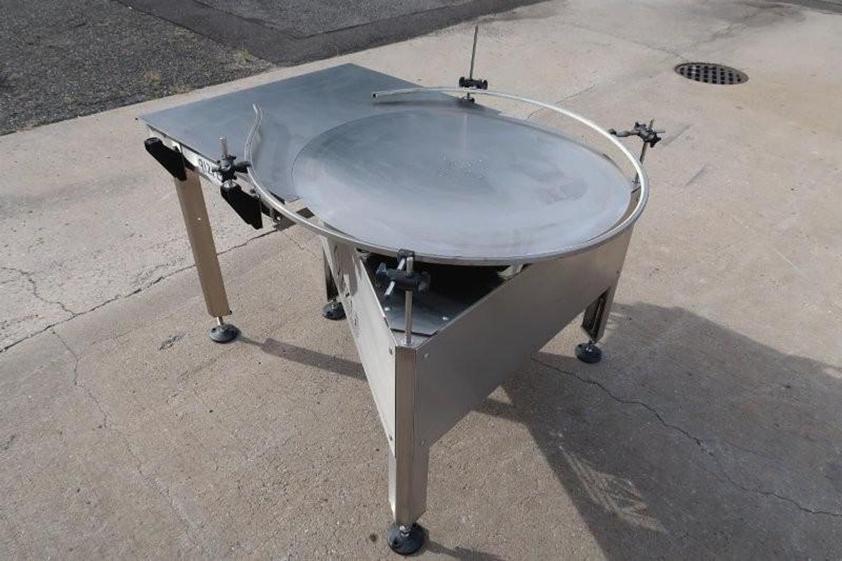 Used Oden 36 In. Diameter Rotary Unscrambling/Accumulating Table, with Shelf