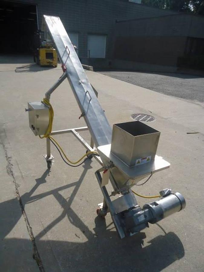 Used 6 inch x 84 inch stainless steel inclined screw conveyor/feeder, sanitary motor, portable