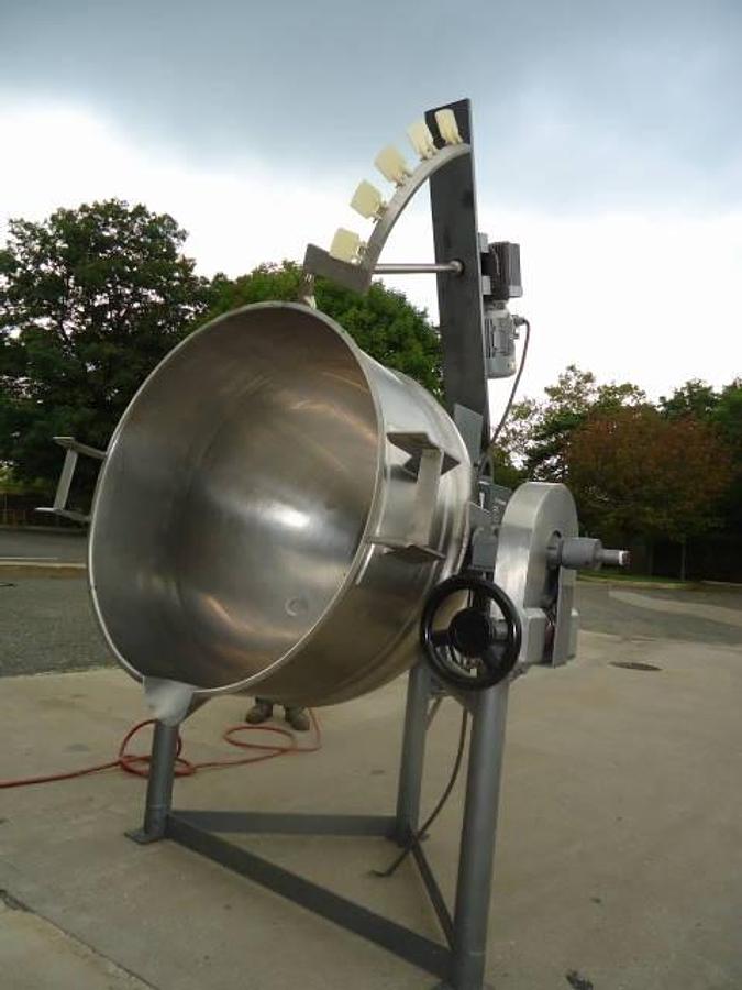 Used 150 Gallon Lee Stainless Steel Scraped Surface Tilt Kettle, with tilt out agitation