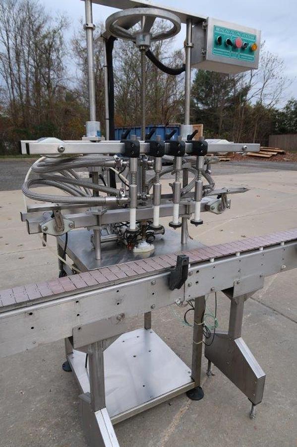 Used Inline Filling Systems 4 Spout Overflow Straight Line Liquid Filler, Stainless Steel