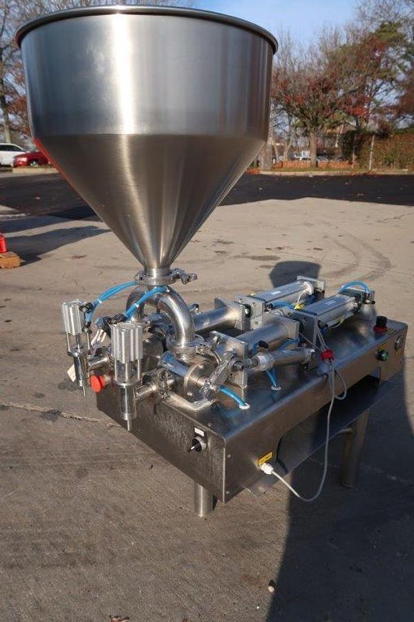 Used Tabletop Air Operated Dual Head Piston Filler,  Stainless Steel