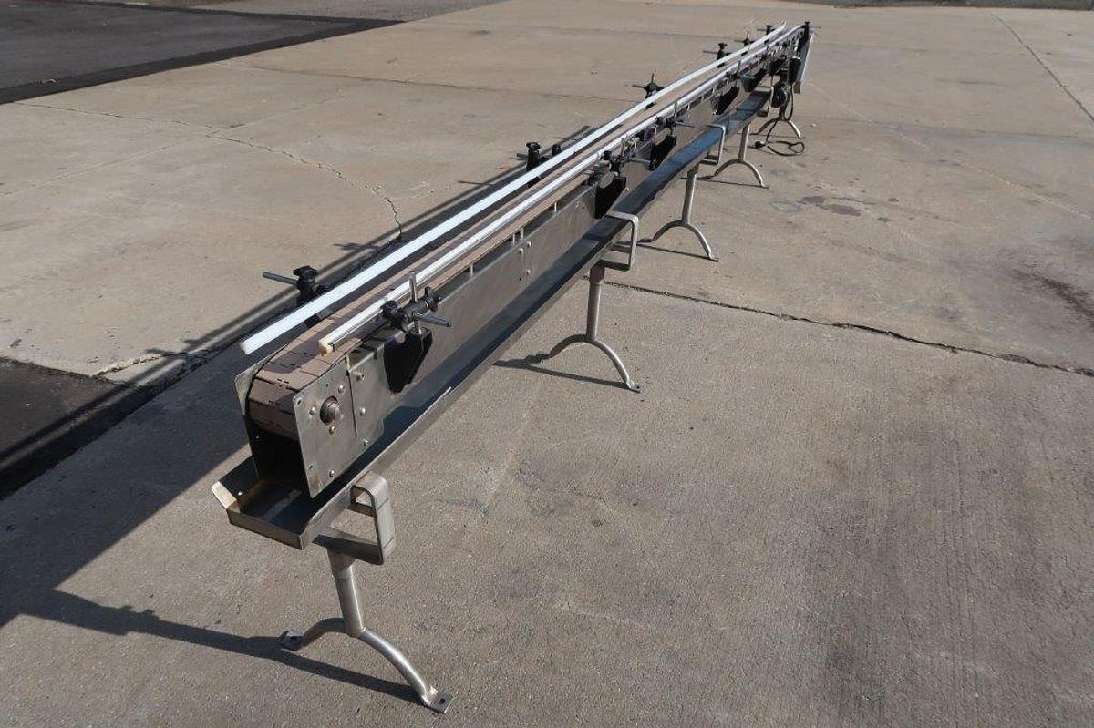 Used Garvey 21 Ft Long Stainless Steel Motorized Bottle Conveyor, Variable Speed