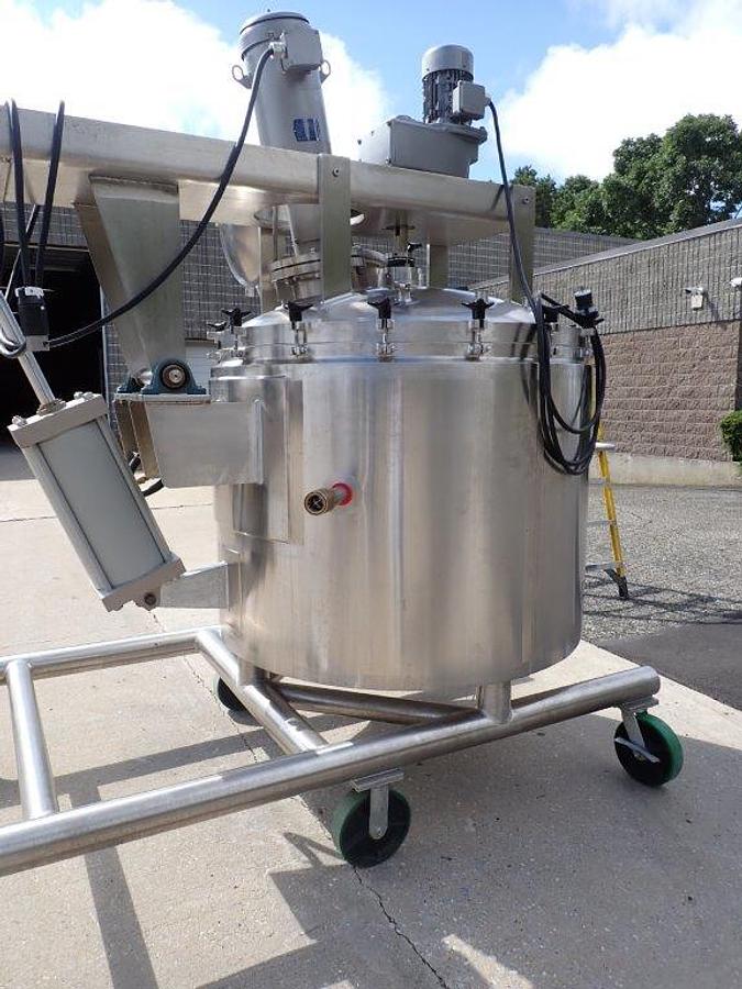 Used 250 Gallon Lee 316 SS Sanitary Agitated Vacuum Vessel, 90 PSI Jacket, Scraper and High Shear Tilt Out Agitation