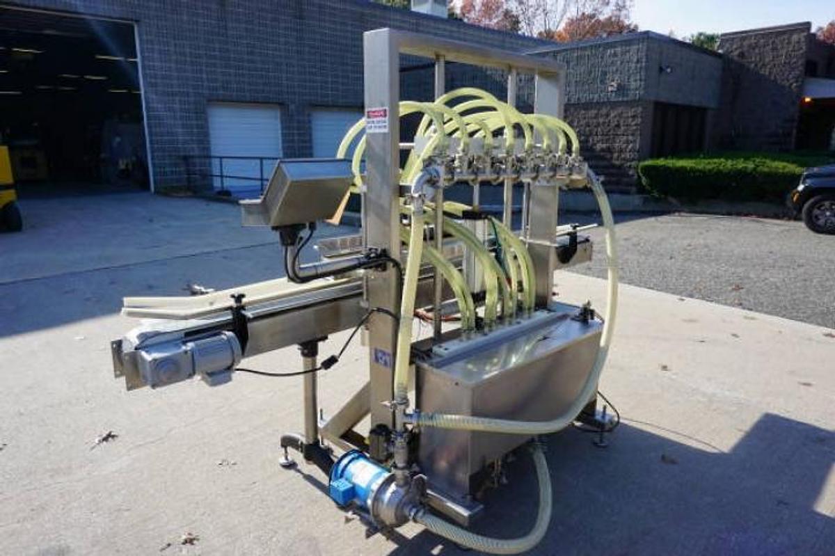 Used Accutek 8 Head Automatic Pressure Overflow Liquid Filling Machine, with Conveyor