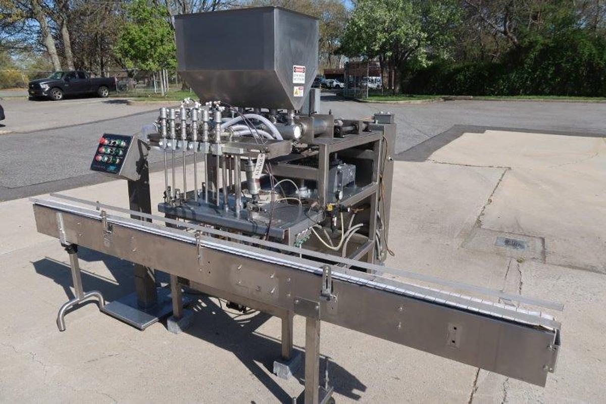 Used REB 6 Piston Straightline Filling Machine, One Liter Pistons