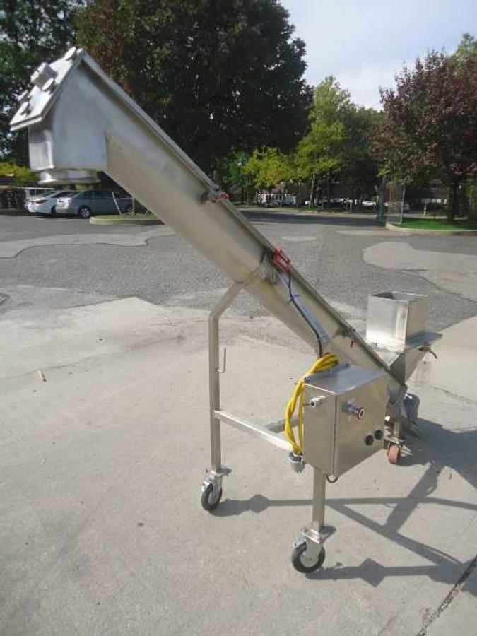 Used 6 inch x 84 inch stainless steel inclined screw conveyor/feeder, sanitary motor, portable