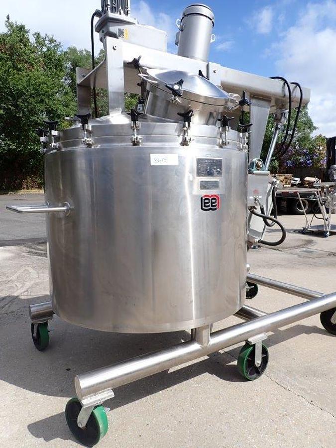 Used 250 Gallon Lee 316 SS Sanitary Agitated Vacuum Vessel, 90 PSI Jacket, Scraper and High Shear Tilt Out Agitation