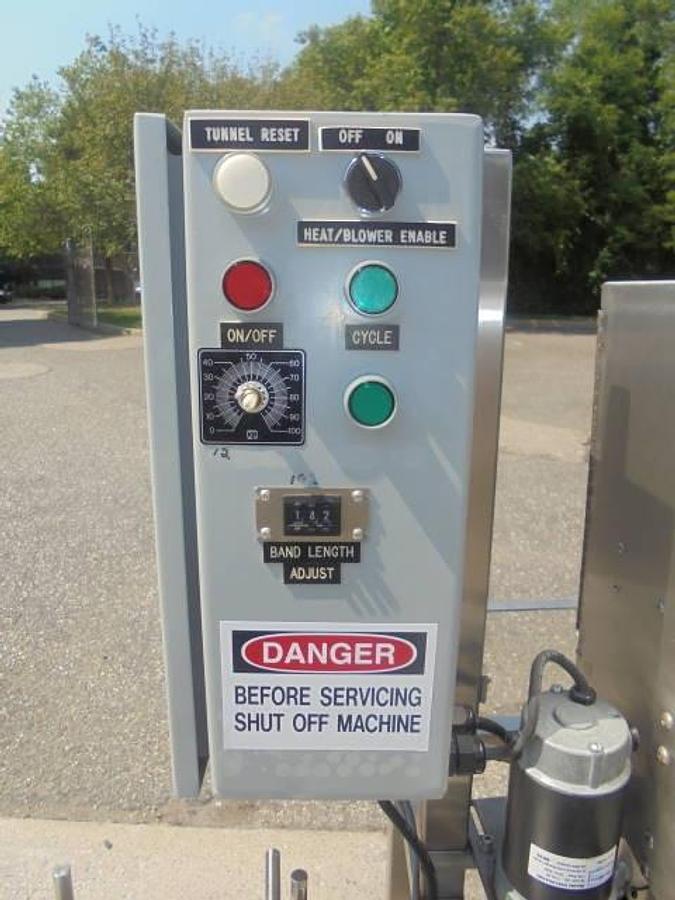 Used Marburg Conveyorized Neck Bander With Shrink Tunnel, Variable Speed
