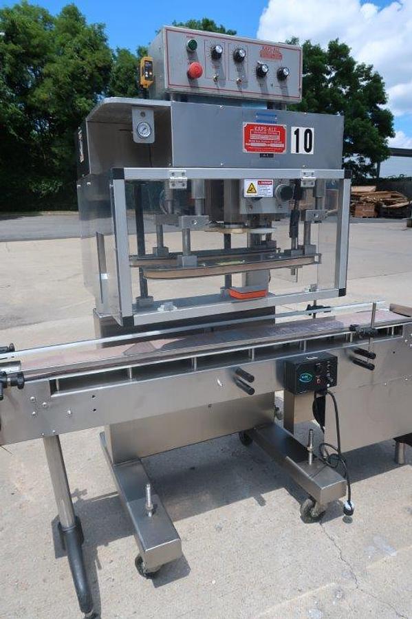 Used Kaps-All Model E Cap Tightener, with Conveyor