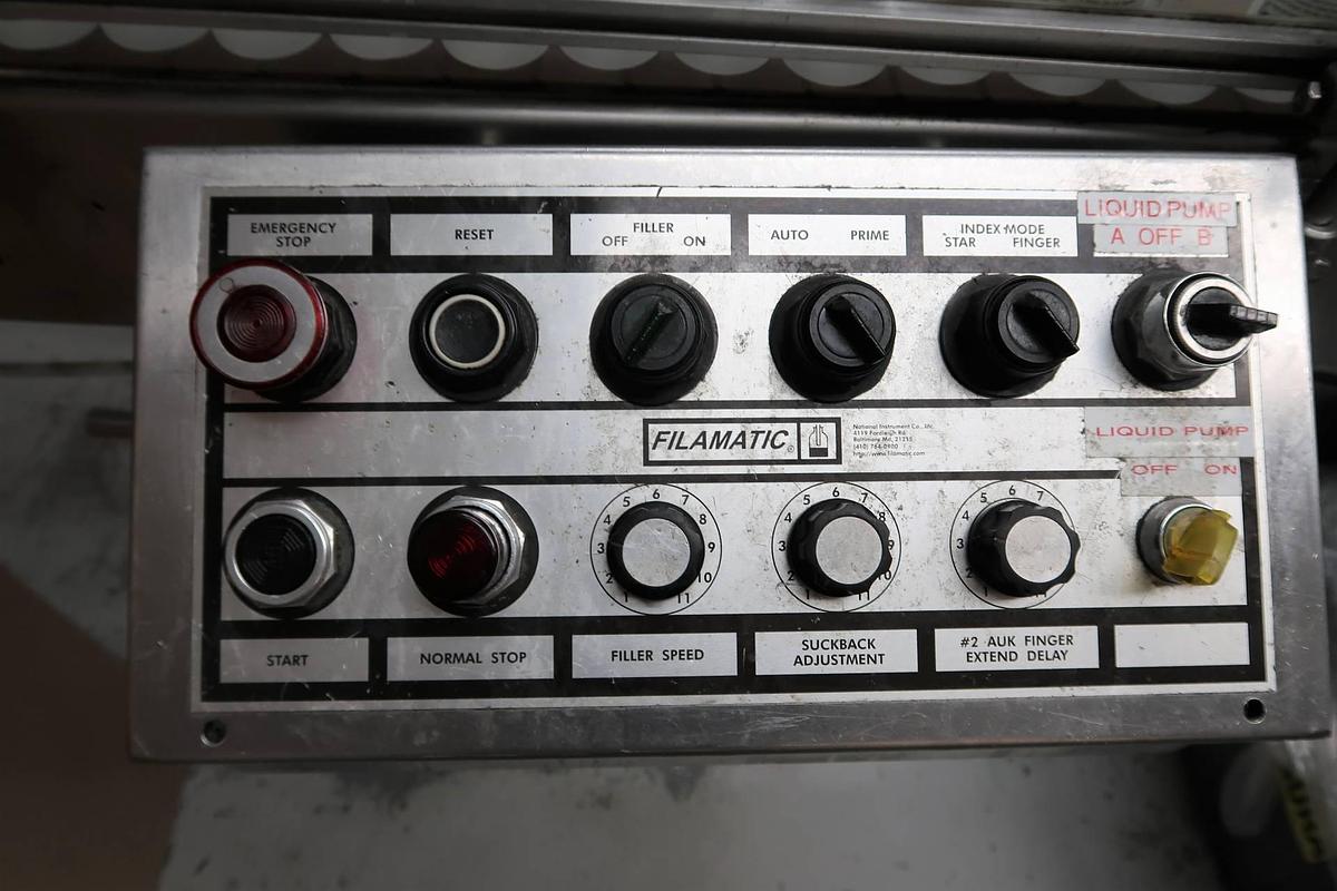 Used National Instrument Filamatic 14 Head Automatic Piston Filling Machine, 280 CC Pistons