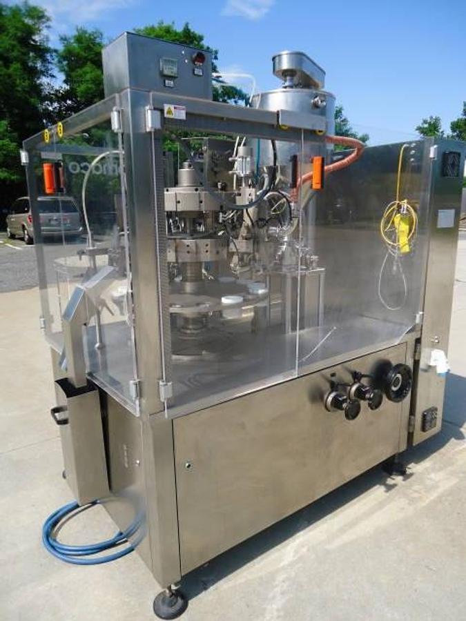 Used Unipac/Romaco 160 Hot Air Plastic Tube Filling And Sealing Machine, 100 Per Minute