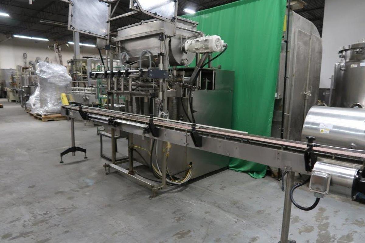 Used REB 4 Piston Automatic Gallon Inline Filler, Agitated Hopper, Extra Large Pistons