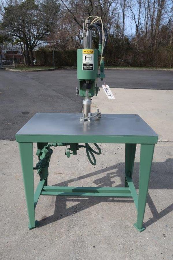 Used JG Bench Top Air Operated Crimper Mounted on Stand