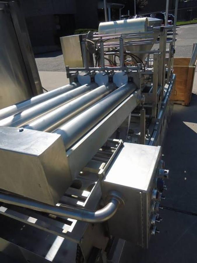 Used Modern Packaging Three Lane Cup Filler/Sealer/Lidder , Stainless Steel