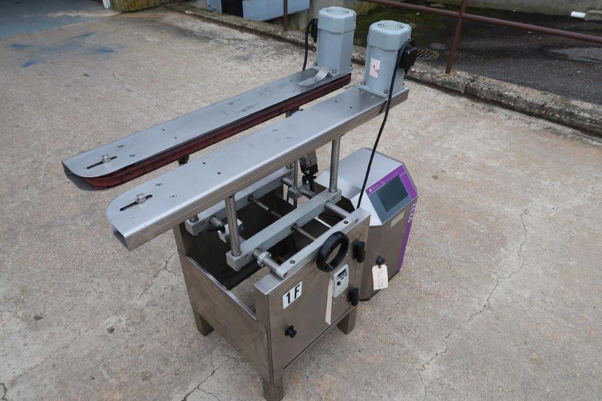 Used Bottomless Conveyor/Gap Transporter with Markem Imaje Coder, Stainless Steel