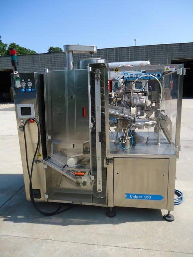 Used Unipac/Romaco 160 Hot Air Plastic Tube Filling And Sealing Machine, 100 Per Minute