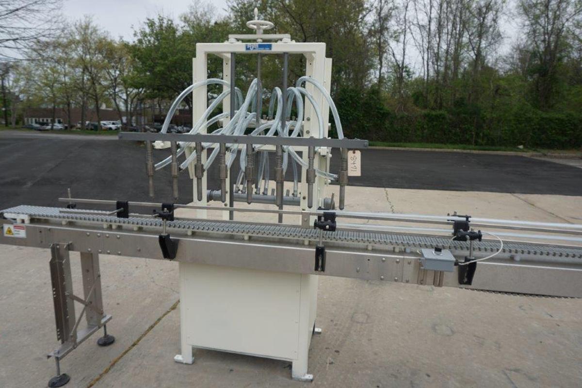 Used RJM 8 Spout Straight Line Liquid Filling Machine, Pressure Gravity Nozzles