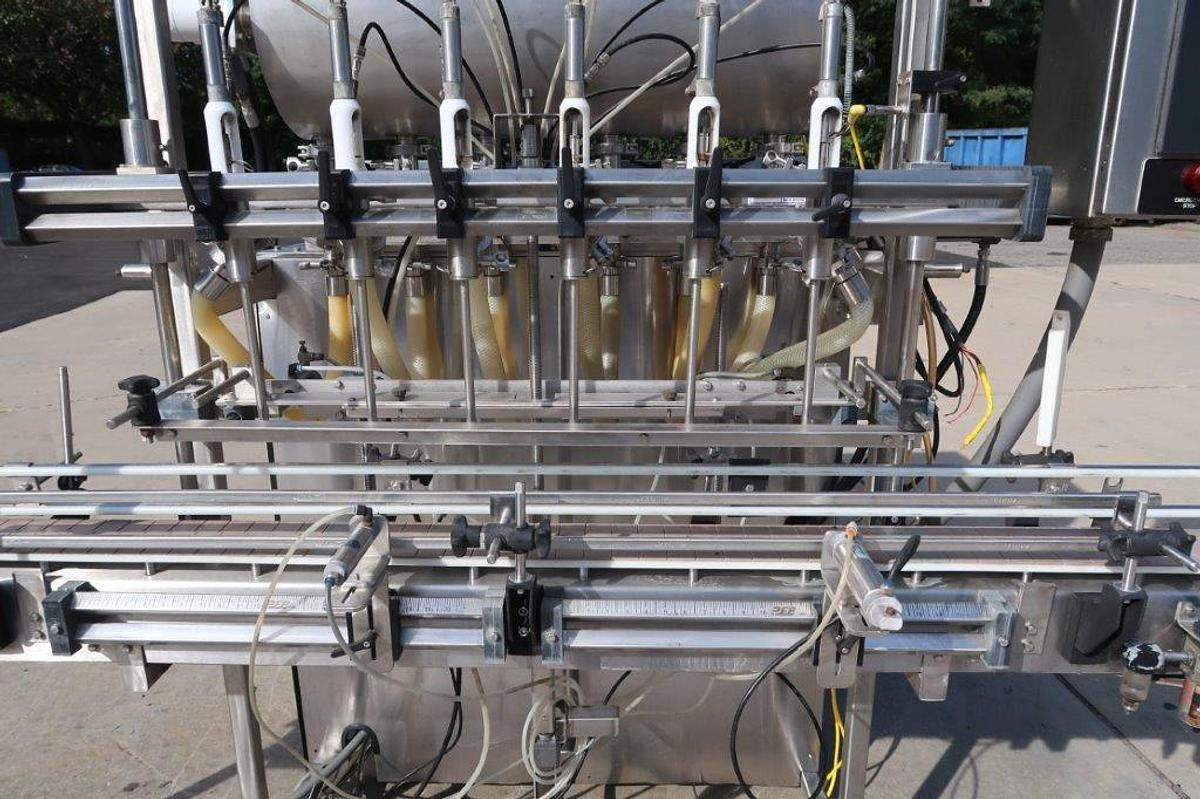 Used REB 6 Head Automatic Inline Piston Filling Machine, Agitated Hopper