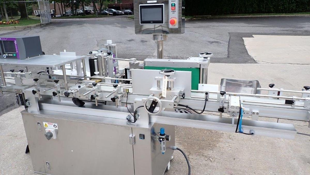 Used Sky Machines Auto Pressure Sensitive Labeler, with Markem Coder