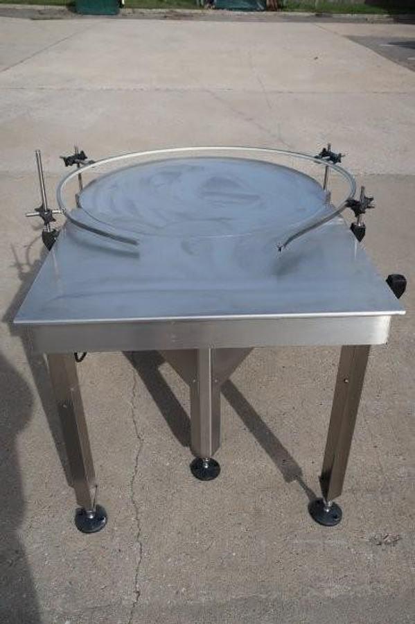 Used Oden 36 In. Diameter Rotary Unscrambling/Accumulating Table, with Shelf