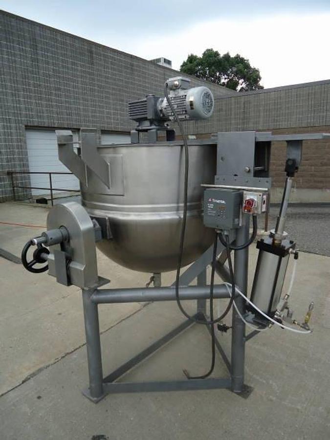 Used 150 Gallon Lee Stainless Steel Scraped Surface Tilt Kettle, with tilt out agitation