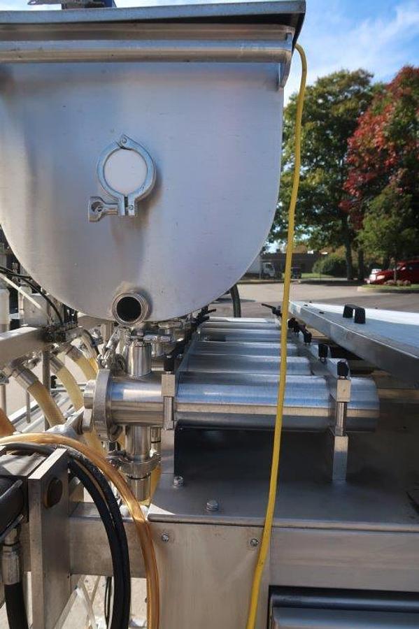 Used REB 6 Head Automatic Inline Piston Filling Machine, Agitated Hopper