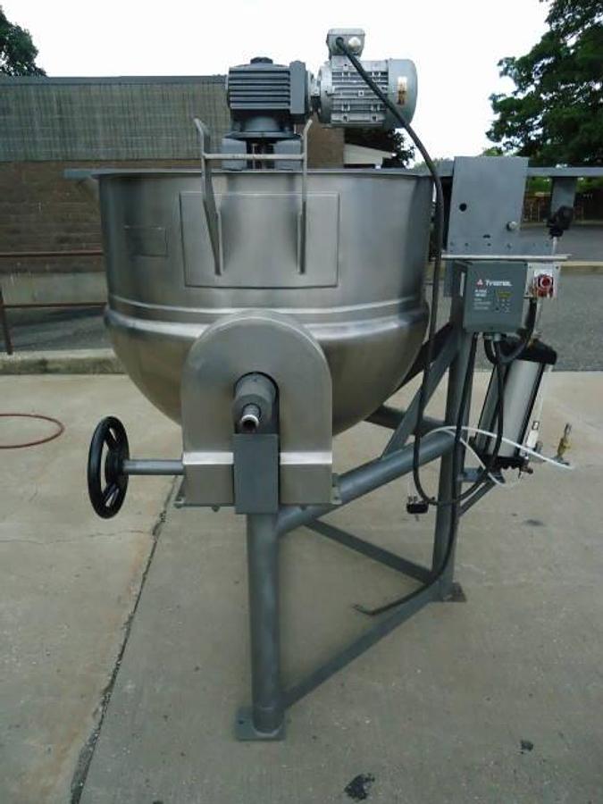 Used 150 Gallon Lee Stainless Steel Scraped Surface Tilt Kettle, with tilt out agitation