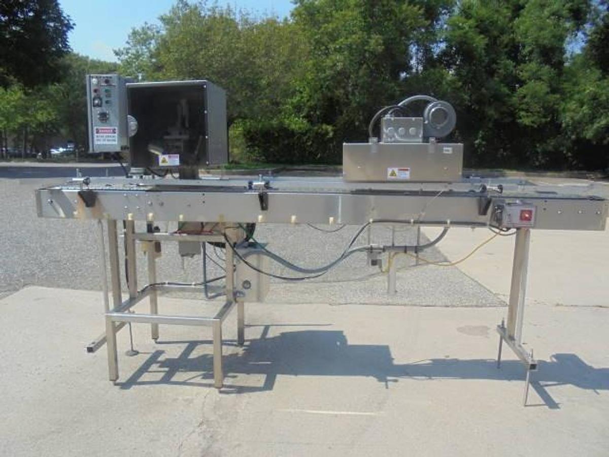 Used Marburg Conveyorized Neck Bander With Shrink Tunnel, Variable Speed
