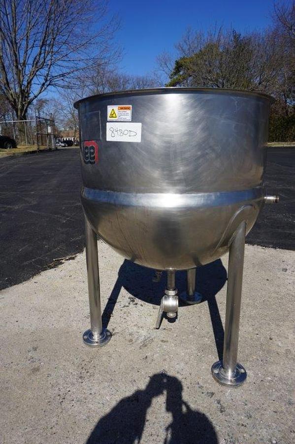 Used 80 Gallon Lee 316 Stainless Steel Hemispherical Kettle, 45 psi Jacket S/N 25686-1-2