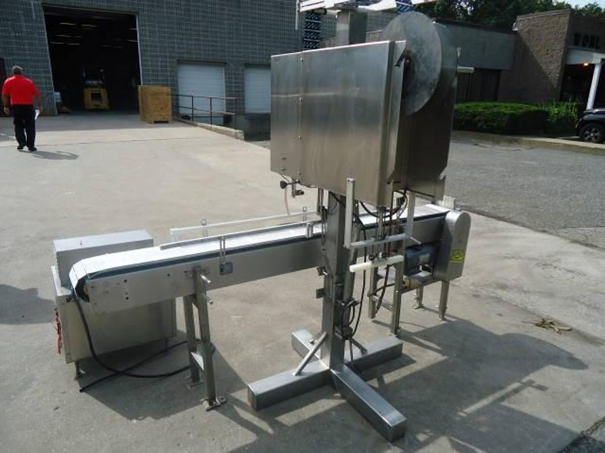 Used Axon EZ-100 Tamper Evident Neck Bander/Sleever With Shrink Tunnel