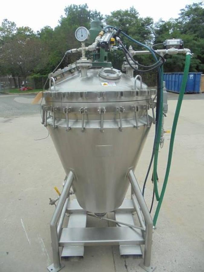 Used B&G 50 Gallon 316L Stainless Jacketed Vacuum Cone Bottom Mix Tank, Air Driven Mixer